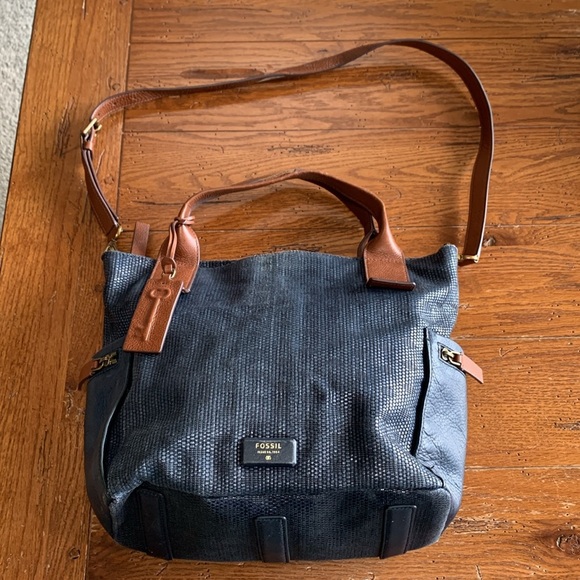 Fossil Emerson Satchel Purse Navy Blue Straw Leather Trim & Straps Crossbody Bag - Picture 14 of 14